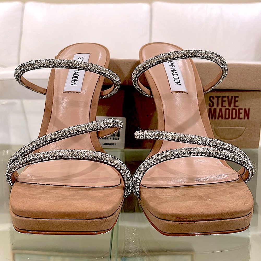 NIB Steve Madden camel nubuck glass crystal stones strappy heeled mule 8 BNIB